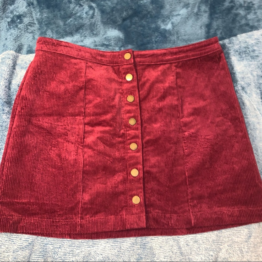 Burgundy Faux Corduroy Button Up Skirt